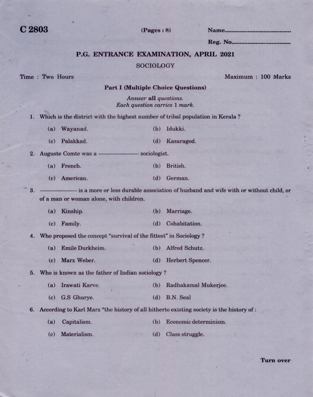CUCAT 2021 M.A Sociology Question Paper - Page 1
