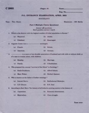 CUCAT 2021 M.A Sociology Question Paper