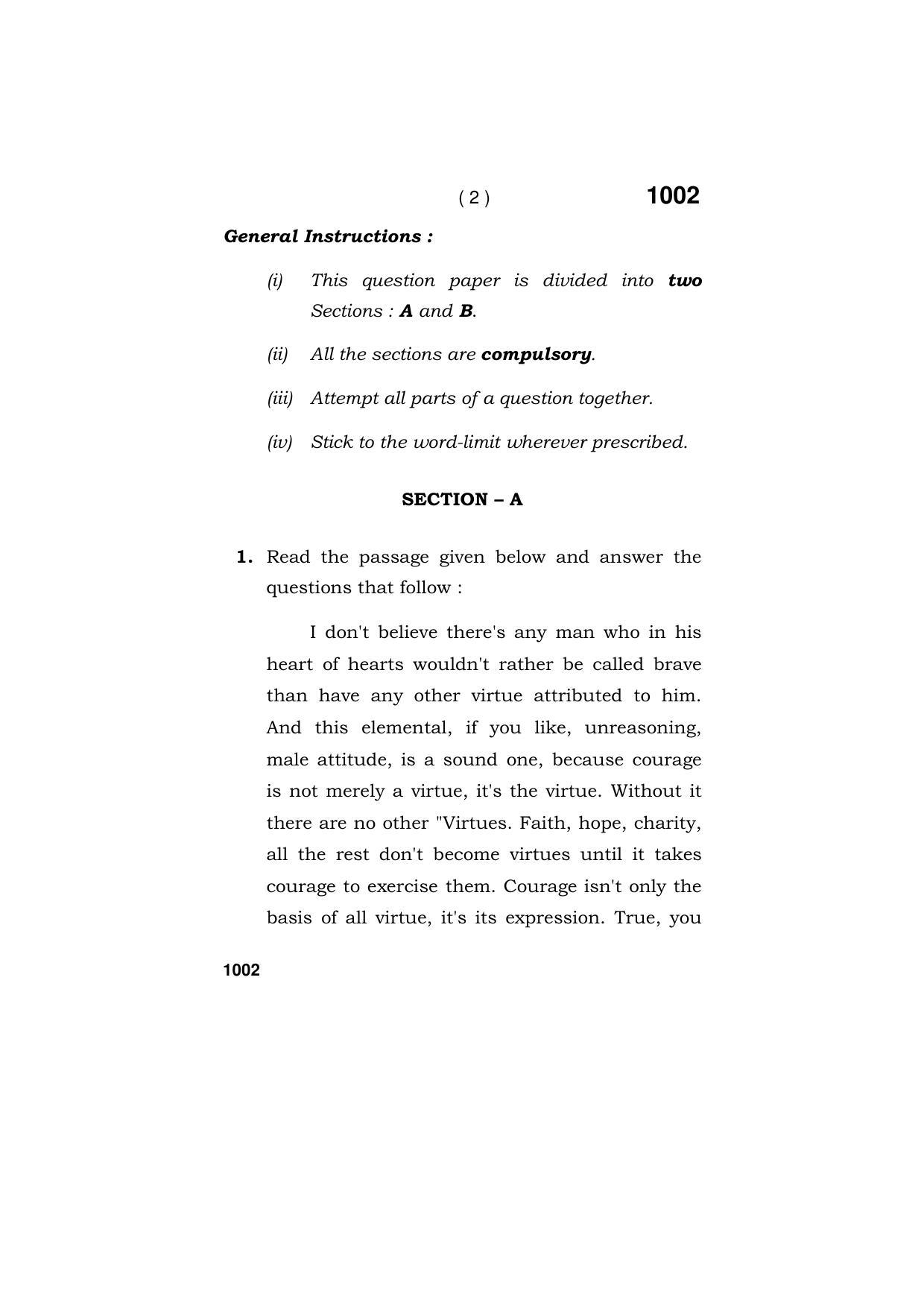 Haryana Board HBSE Class 11 ENGLISH (ELECTIVE) 2019 Question Paper - Page 2