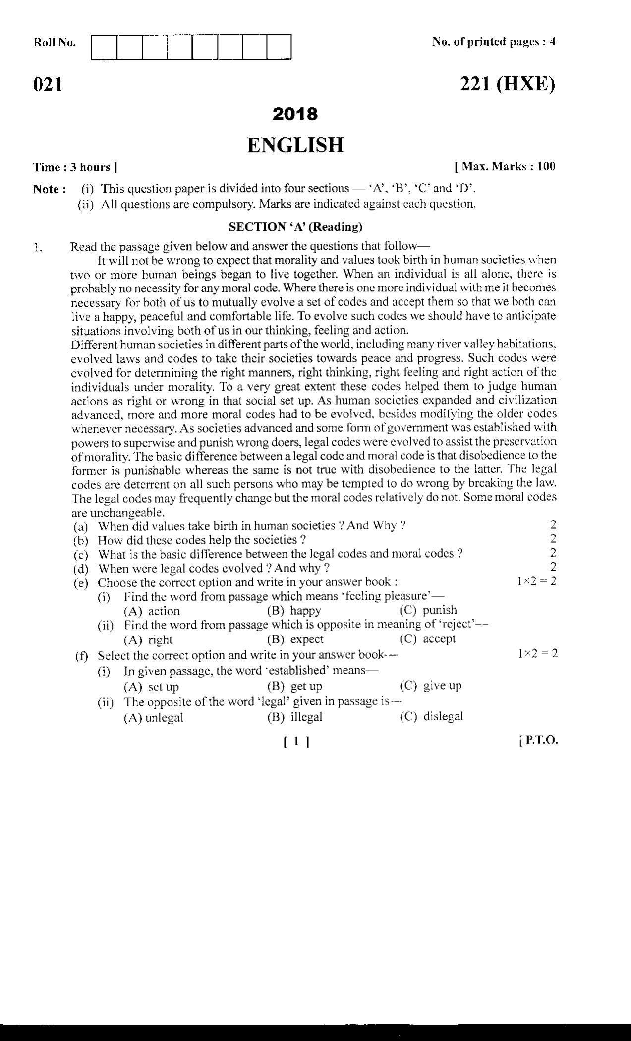 UBSE Class 10 English 2018 Question Paper - Page 1