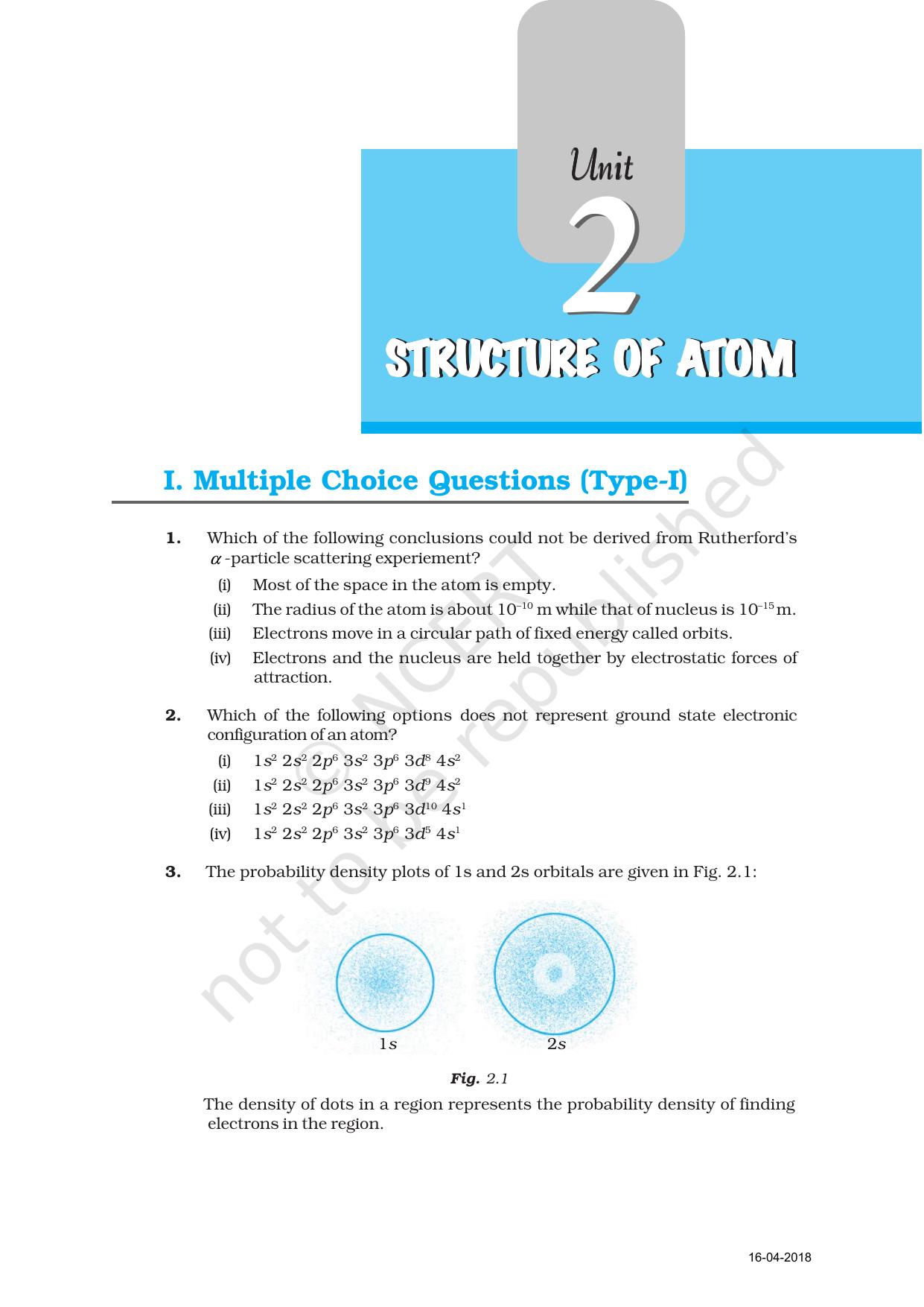 NCERT Exemplar Book for Class 11 Chemistry: Chapter 2 Structure of Atom - Page 1