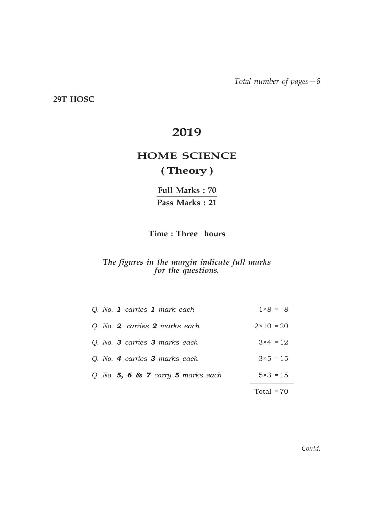 Assam HS 2nd Year Home Science 2019 Question Paper - Page 1