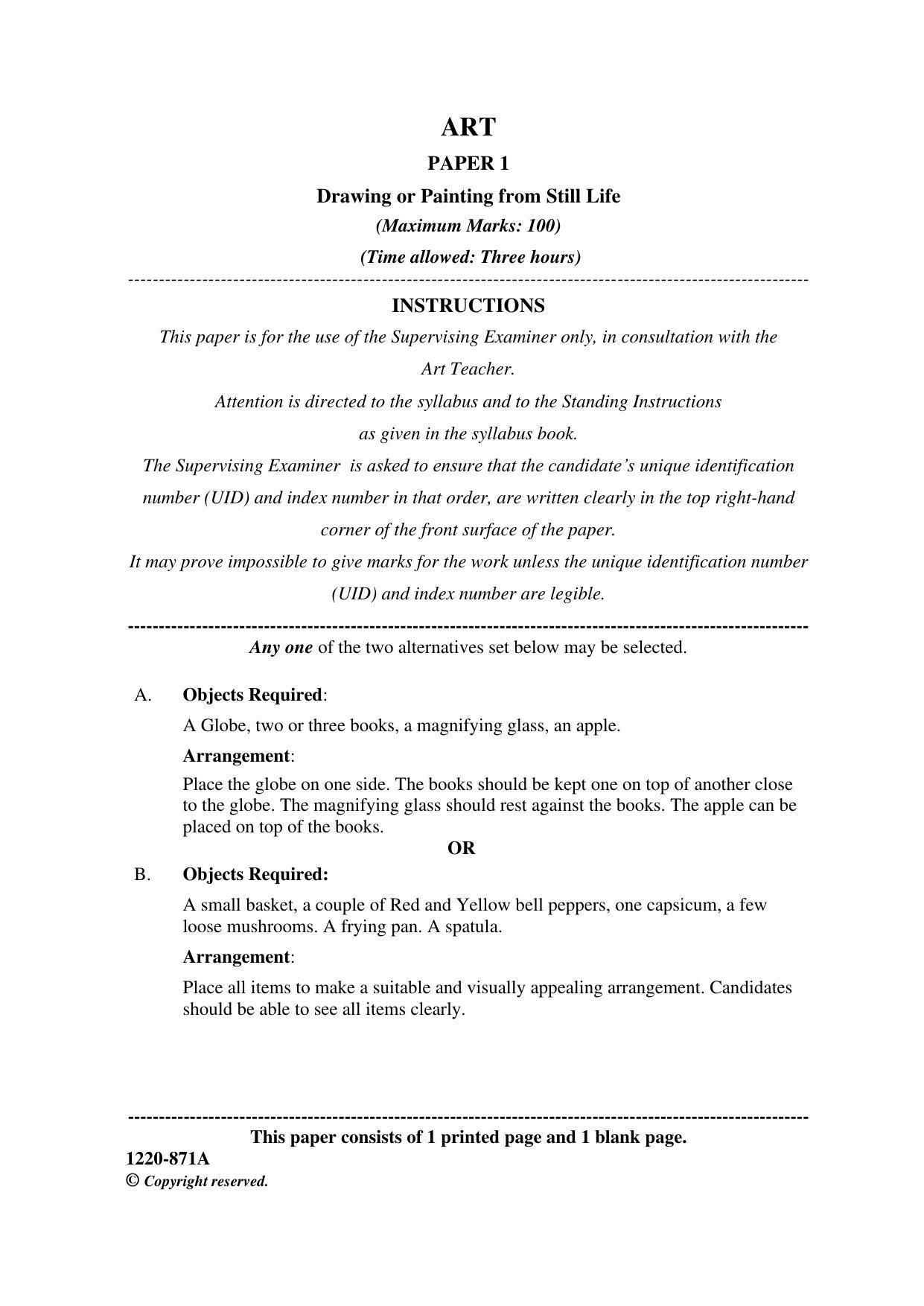 ISC Class 12 2020 Art Paper I Question Paper - Page 1