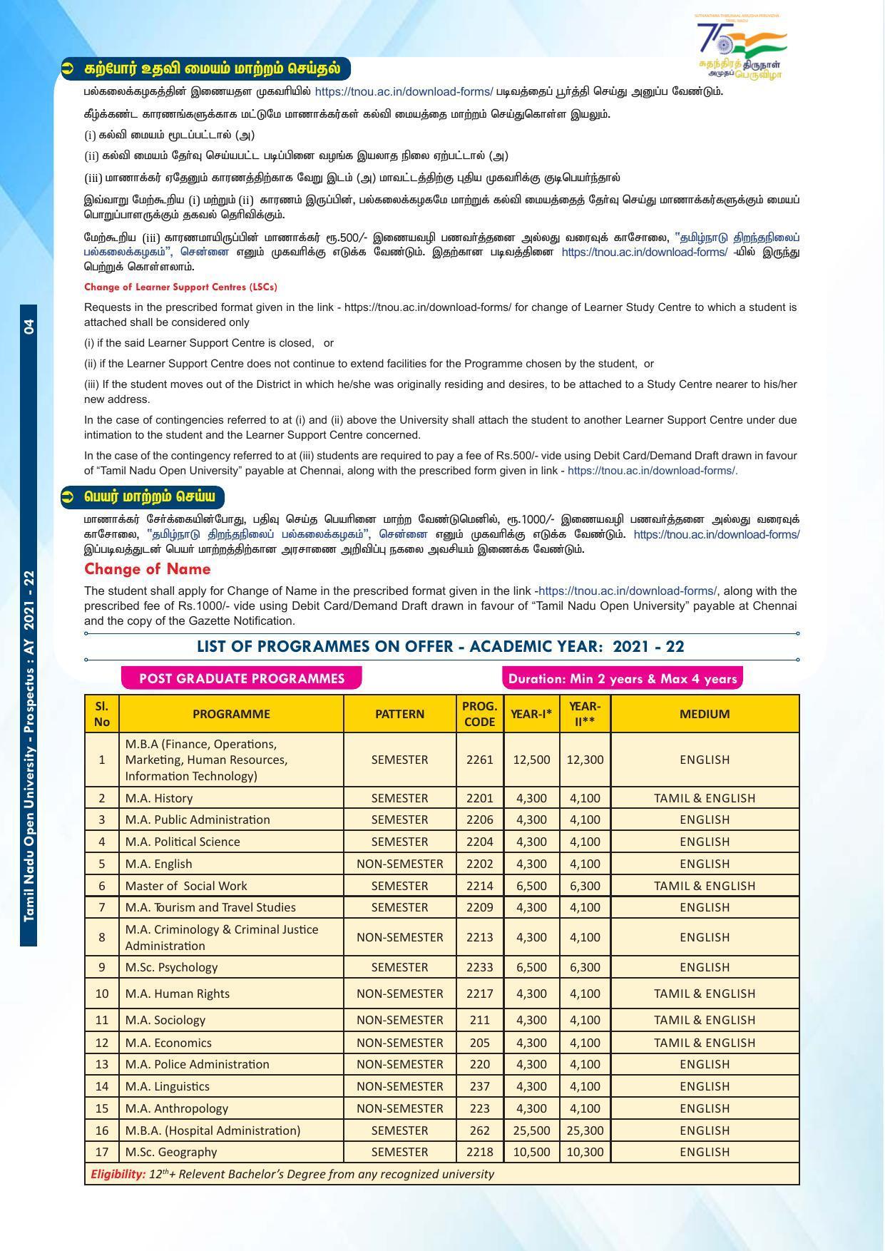 Tamil Nadu Open University, Chennai V.4-COE-ADMN Prospectus-2021-22 - Page 4