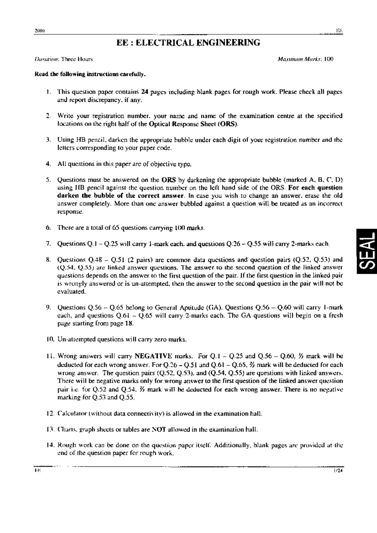GATE 2010 Electrical Engineering (EE) Question Paper with Answer Key - Page 1