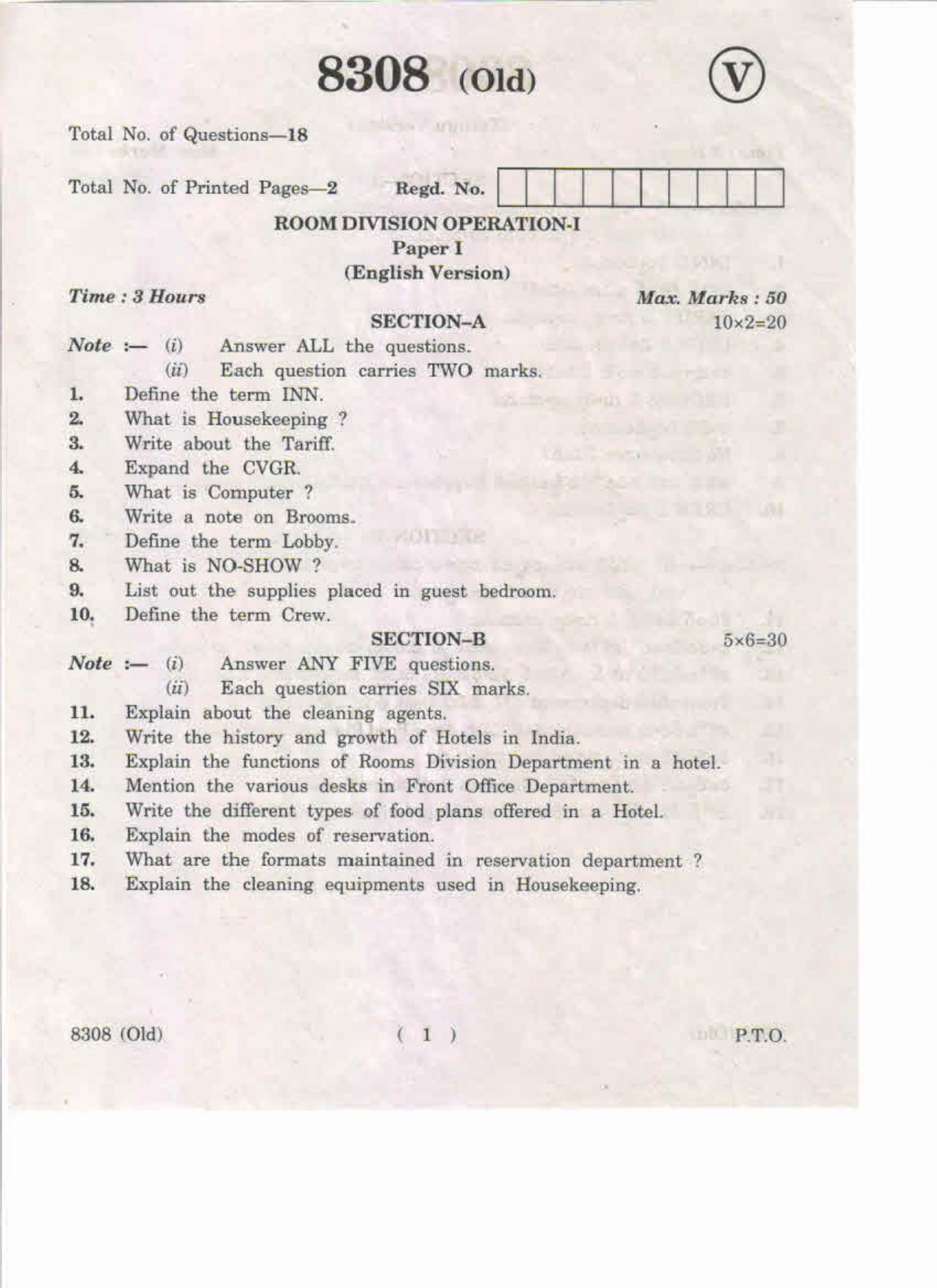 AP Inter 1st Year Room Division Operations-I (Old) May-2019-Vocational Question Paper - Page 1