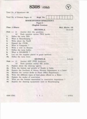 AP Inter 1st Year Room Division Operations-I (Old) May-2019-Vocational Question Paper