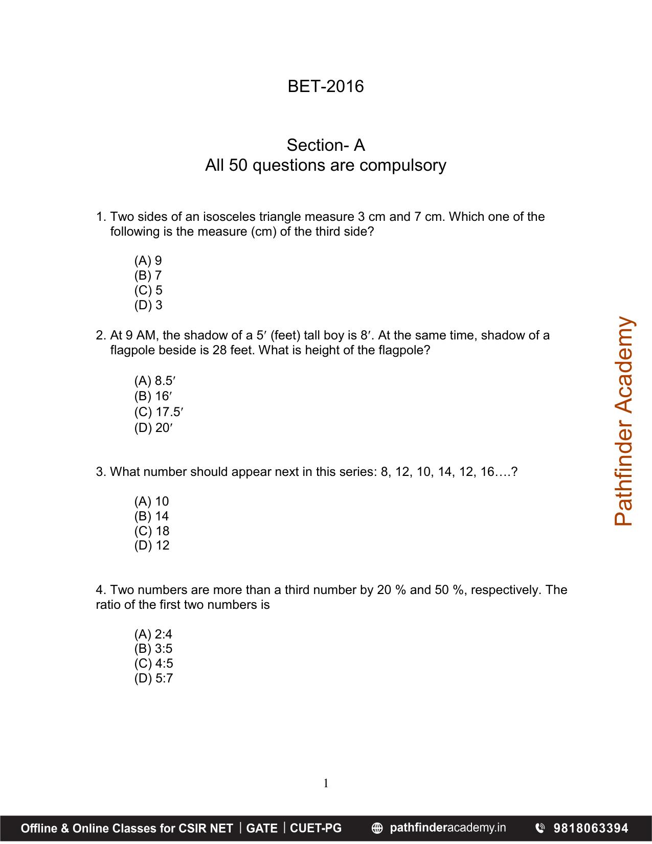 BET 2016 Question Paper - Page 1