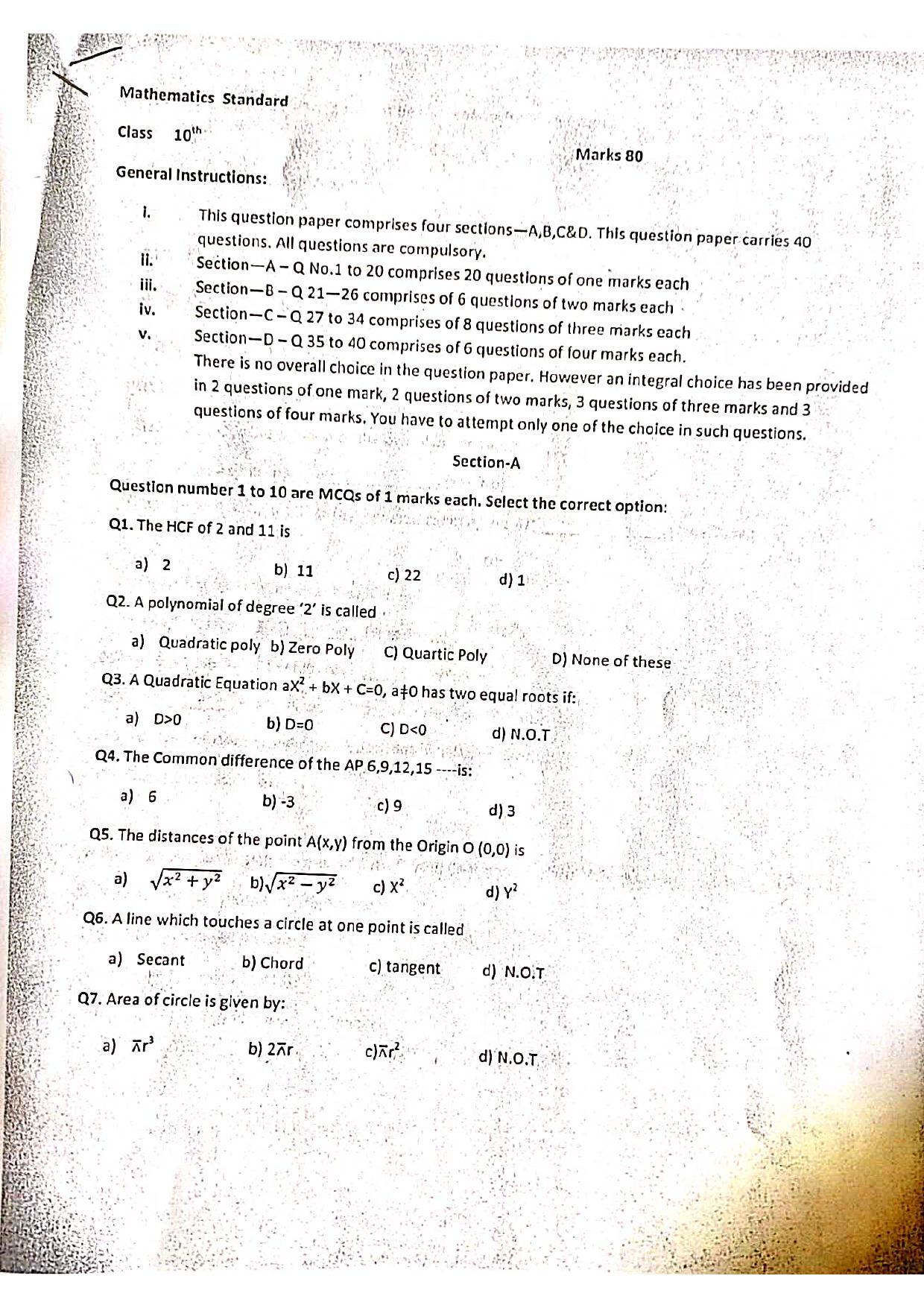 JKBOSE Class 10 Maths Model Question Paper 2023 - Page 1