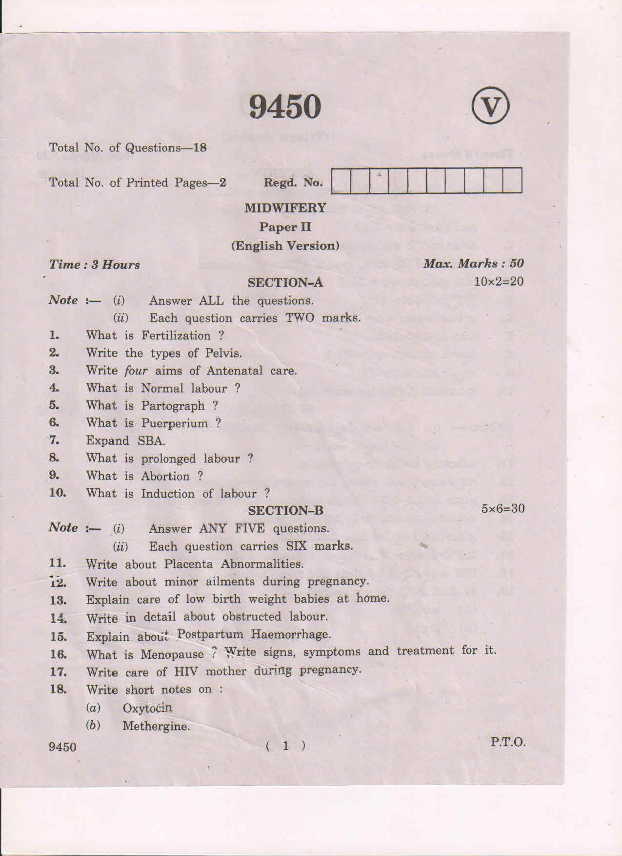 AP Inter 2nd Year  Midwifery-II March-2019-Vocational Question Paper - Page 1