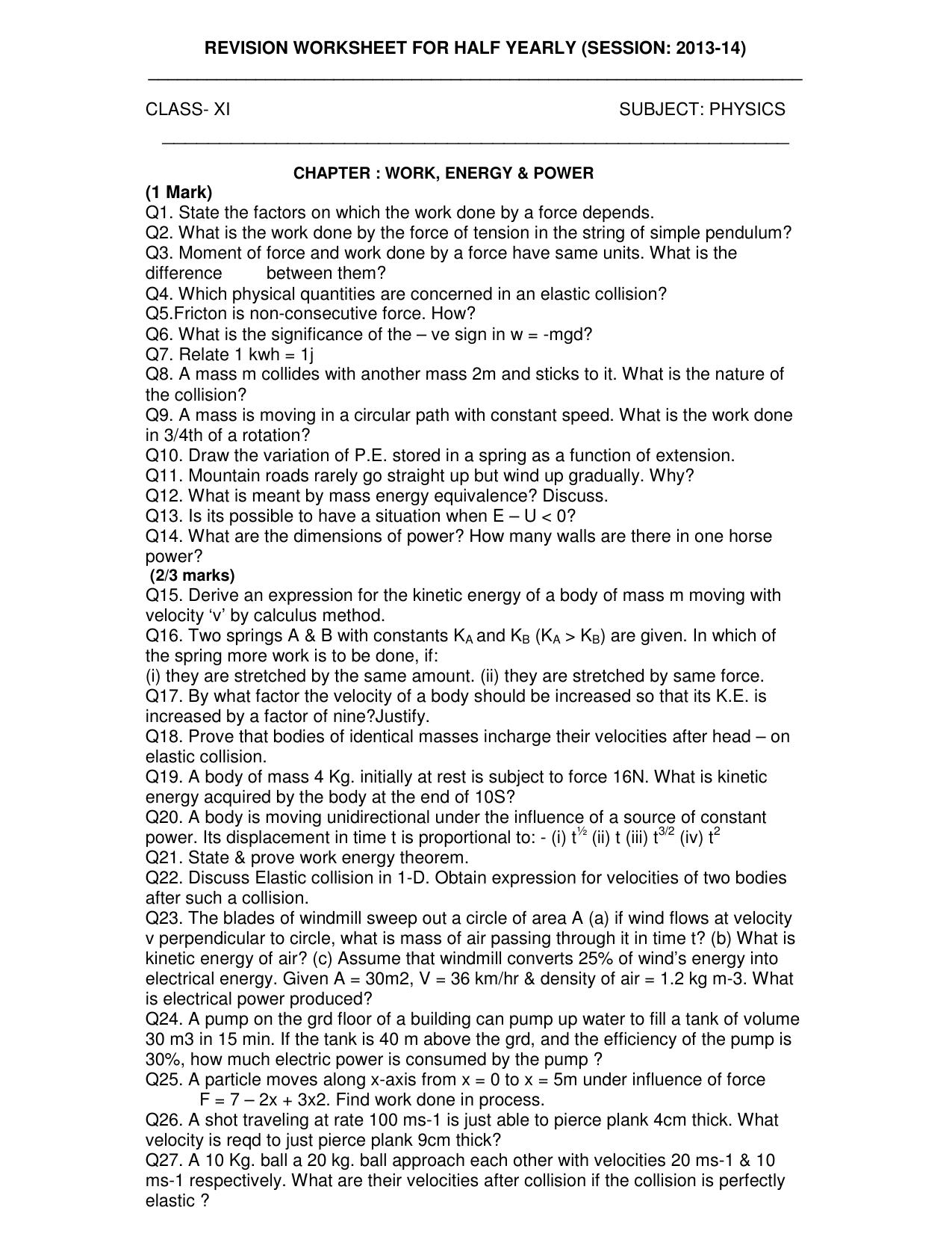 CBSE Worksheets for Class 11 Revision Physics Work Energy and Power Assignment 1 - Page 1