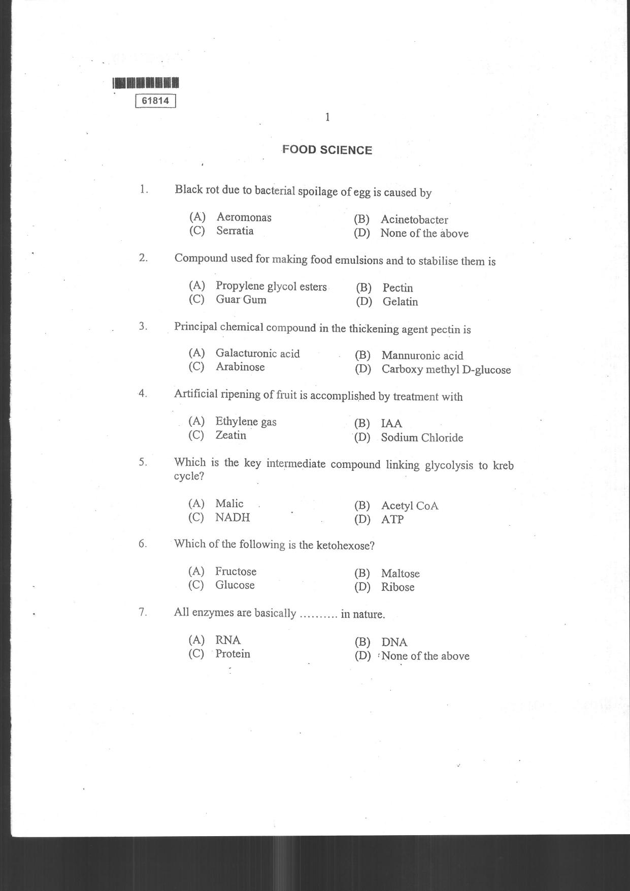 CUSAT CAT 2014 Food Science Question Paper - Page 3