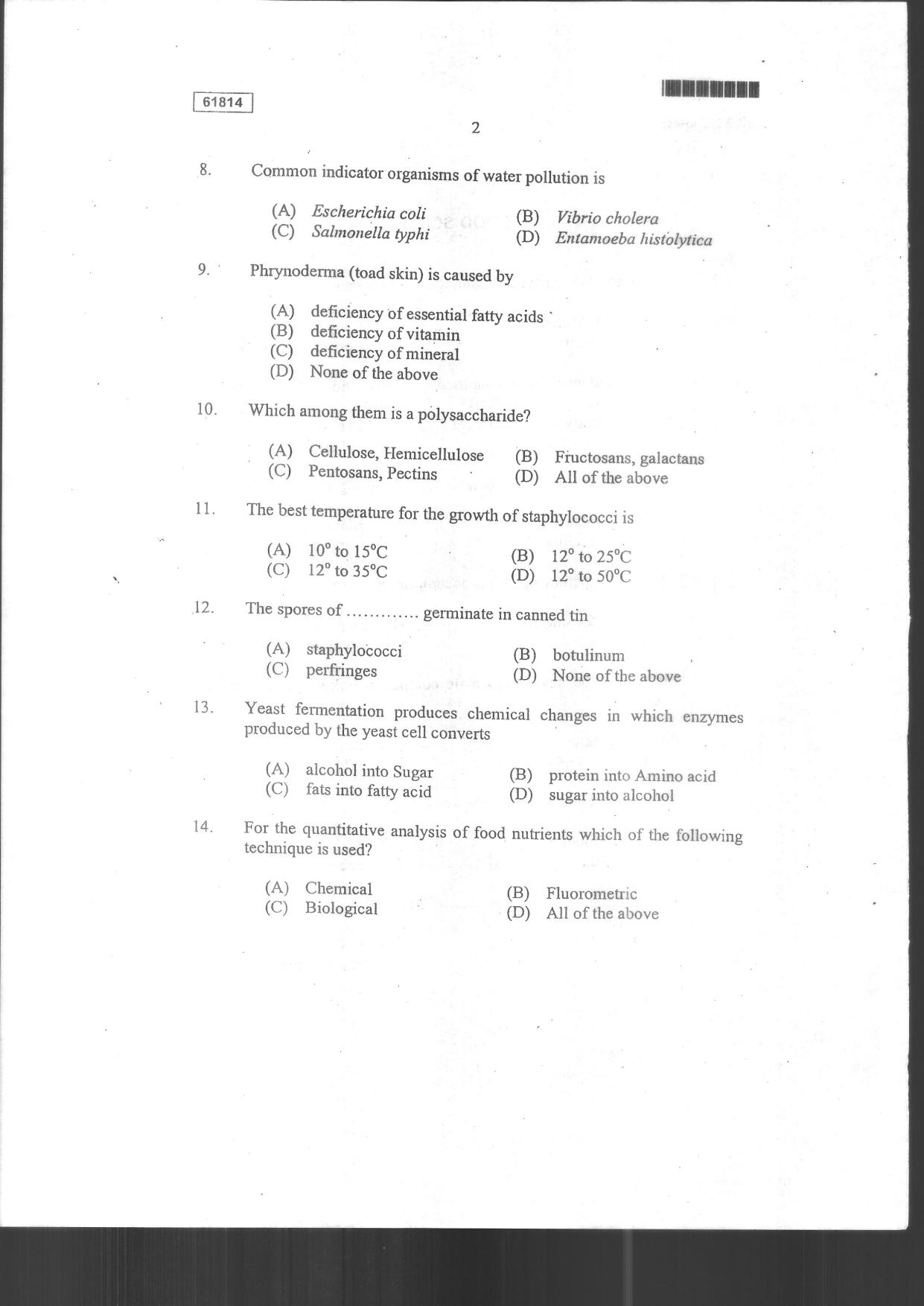 CUSAT CAT 2014 Food Science Question Paper - Page 4