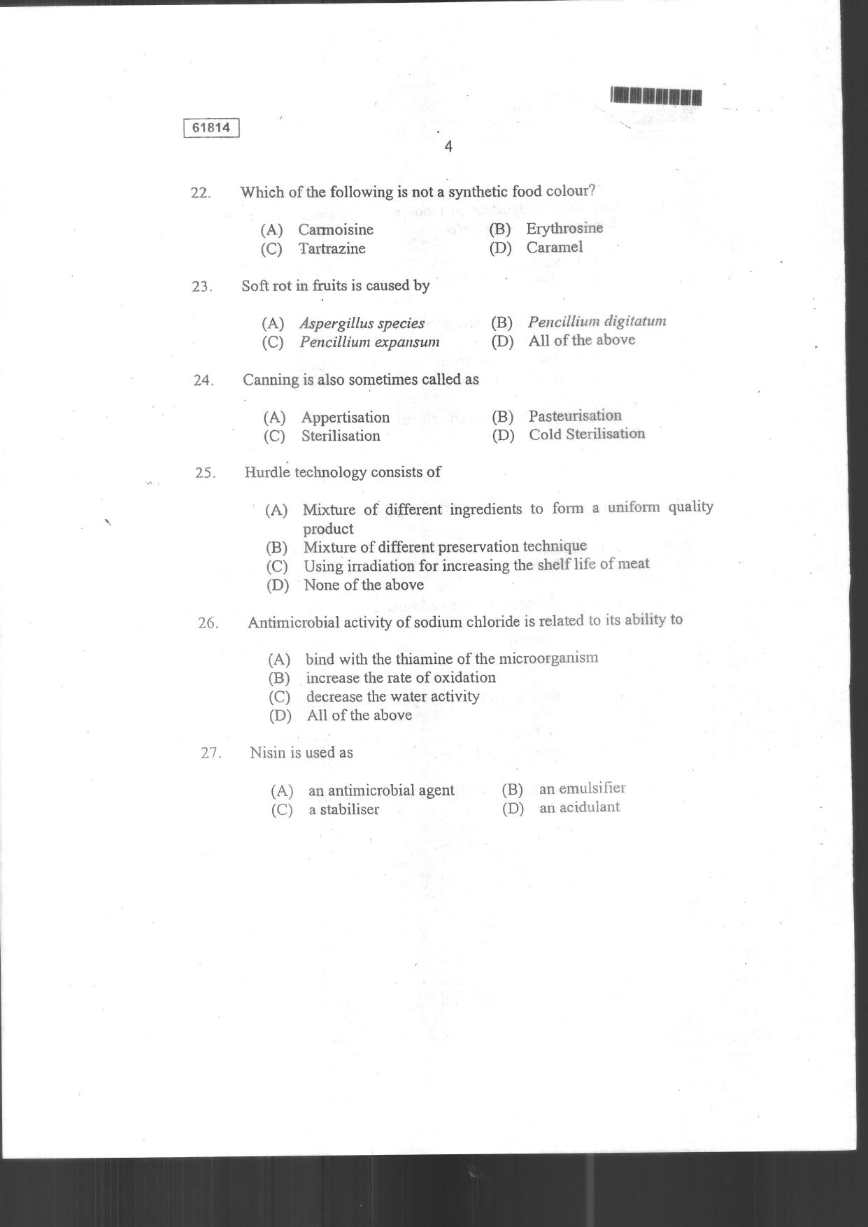 CUSAT CAT 2014 Food Science Question Paper - Page 6