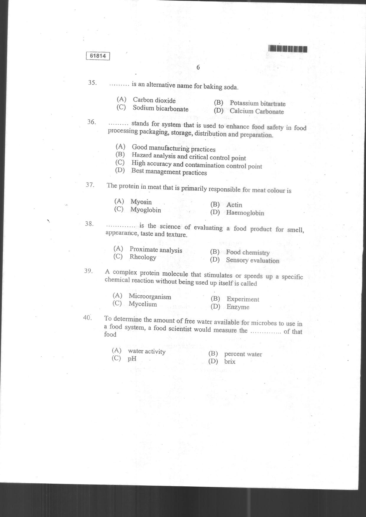 CUSAT CAT 2014 Food Science Question Paper - Page 8