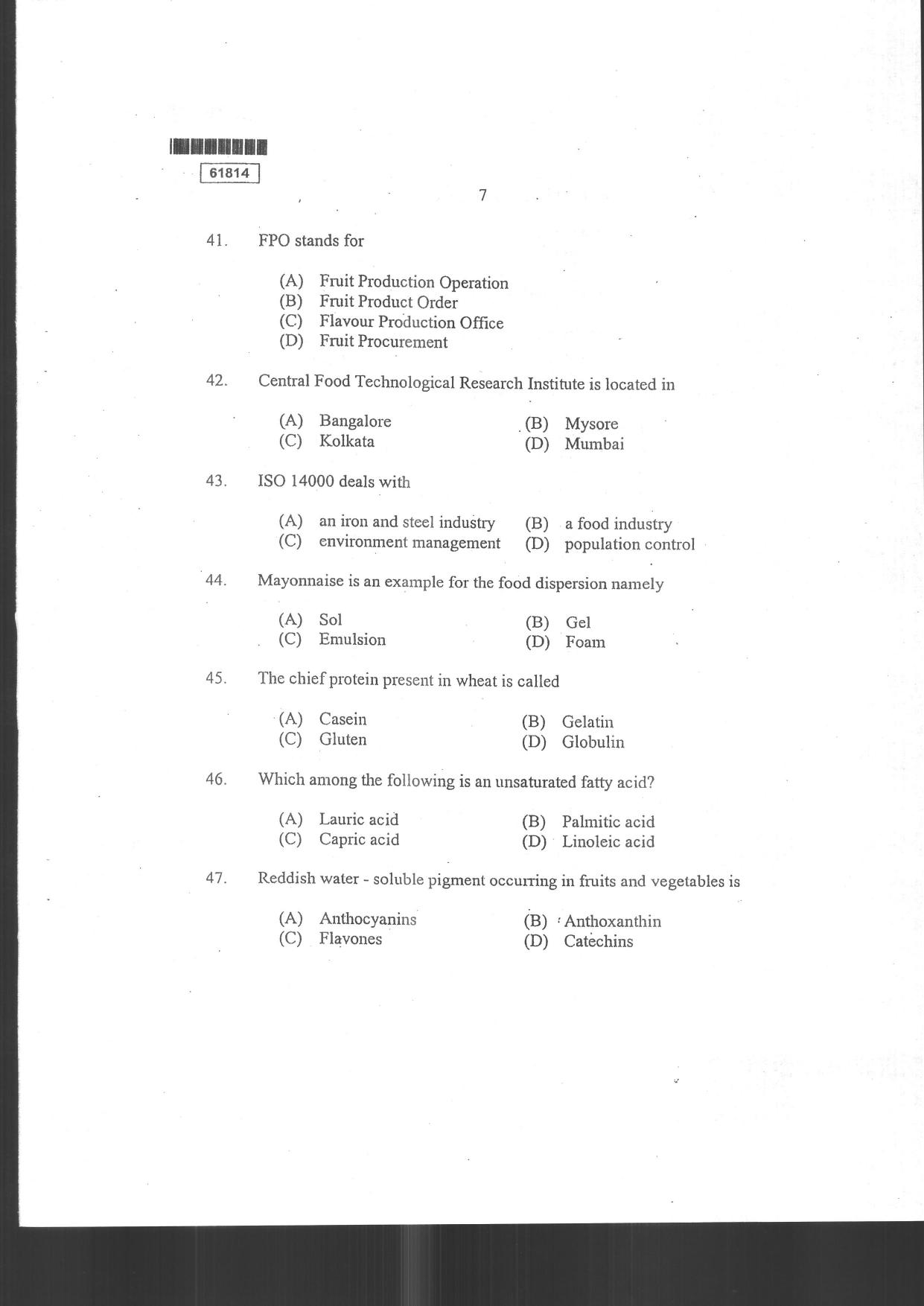 CUSAT CAT 2014 Food Science Question Paper - Page 9
