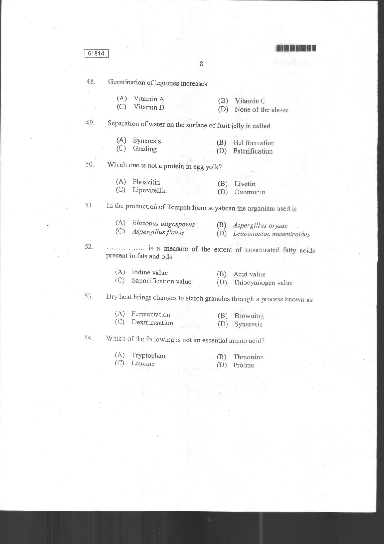 CUSAT CAT 2014 Food Science Question Paper - Page 10