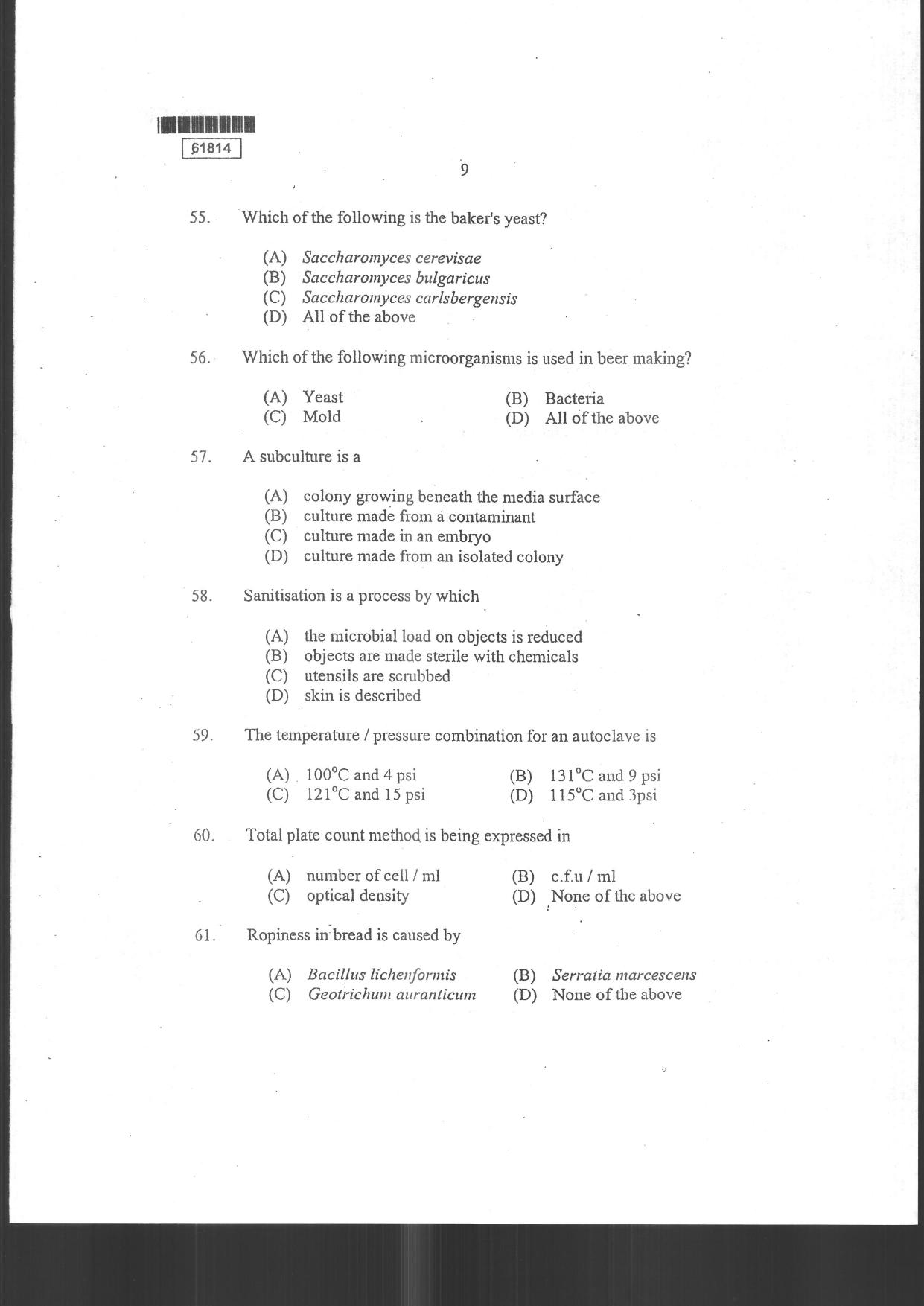 CUSAT CAT 2014 Food Science Question Paper - Page 11