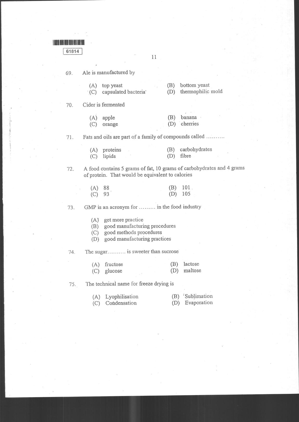 CUSAT CAT 2014 Food Science Question Paper - Page 13