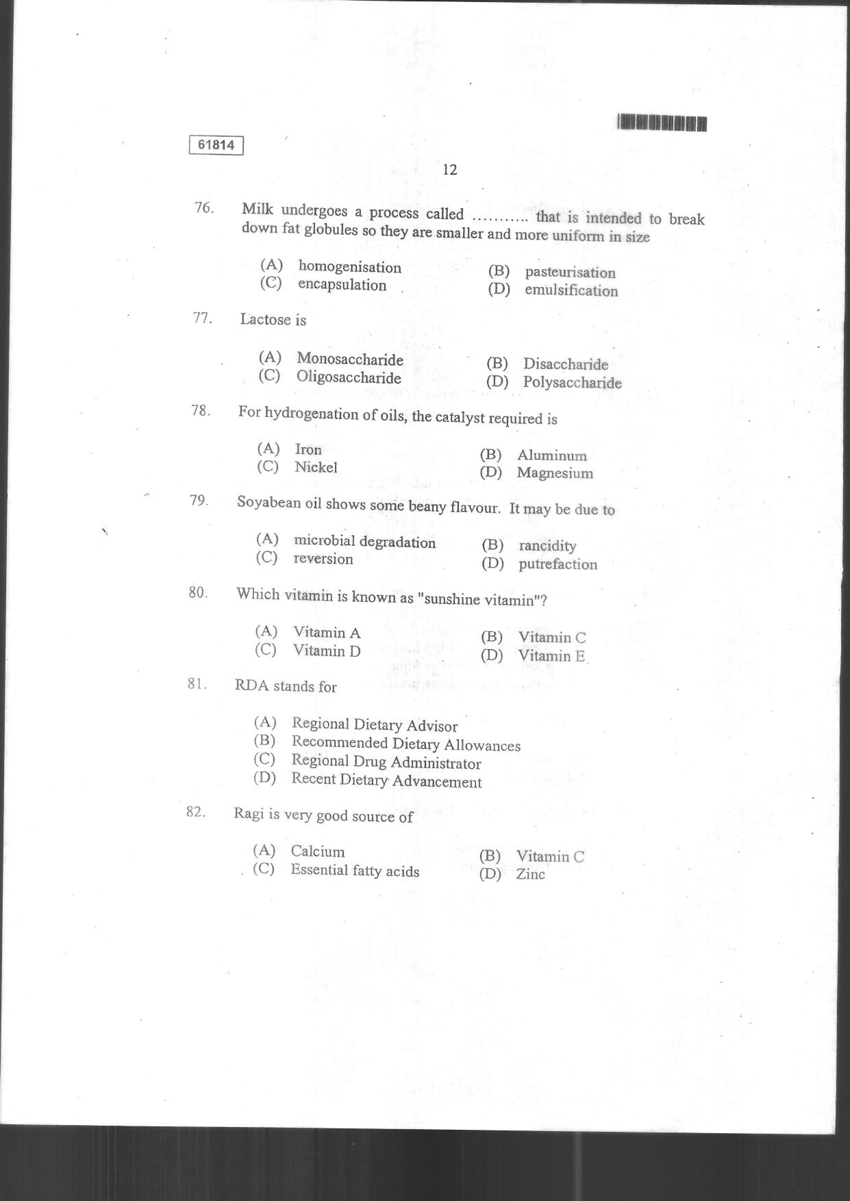 CUSAT CAT 2014 Food Science Question Paper - Page 14