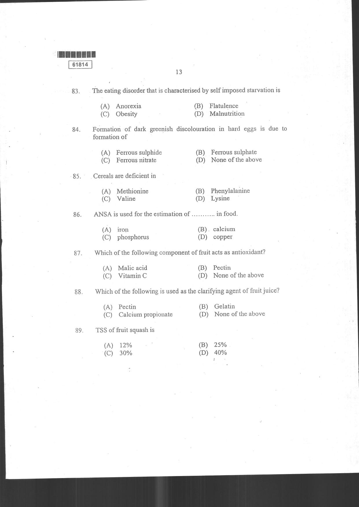 CUSAT CAT 2014 Food Science Question Paper - Page 15