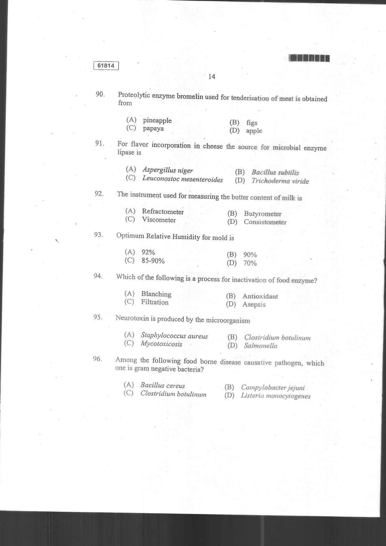 CUSAT CAT 2014 Food Science Question Paper - Page 16