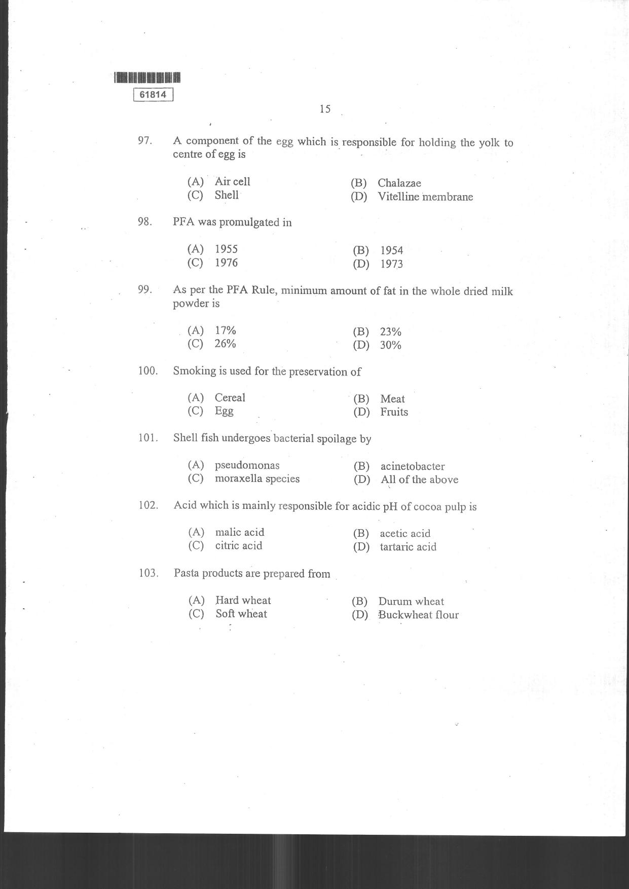CUSAT CAT 2014 Food Science Question Paper - Page 17