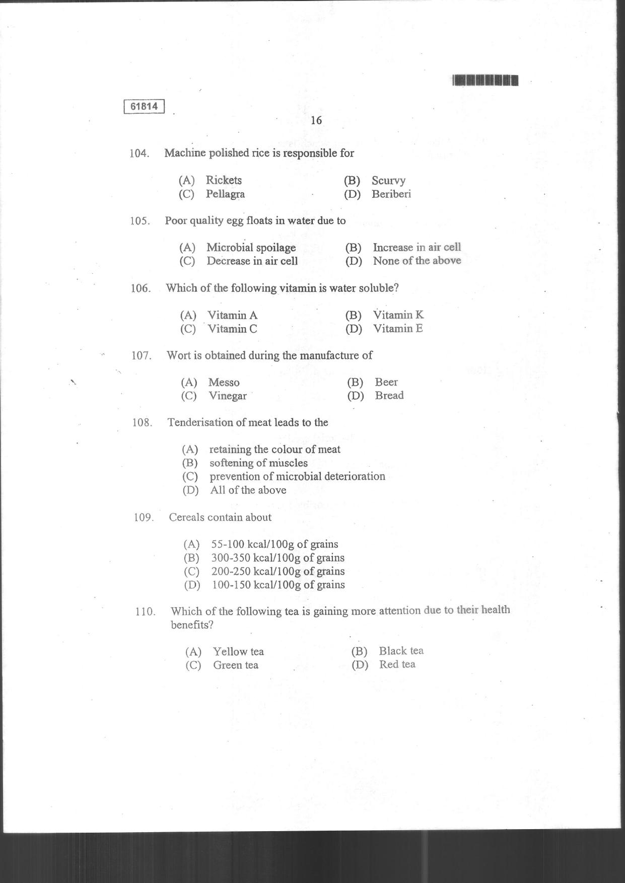 CUSAT CAT 2014 Food Science Question Paper - Page 18