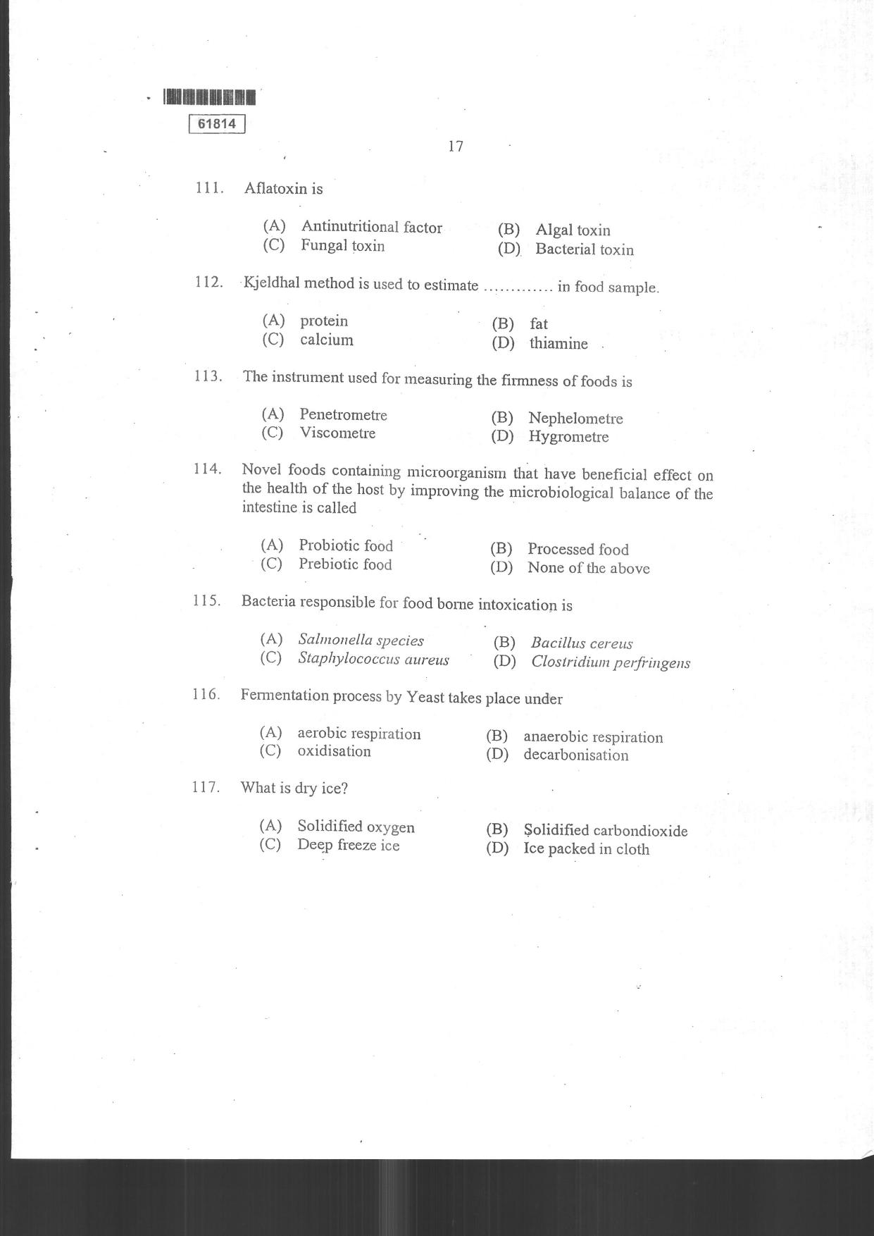 CUSAT CAT 2014 Food Science Question Paper - Page 19