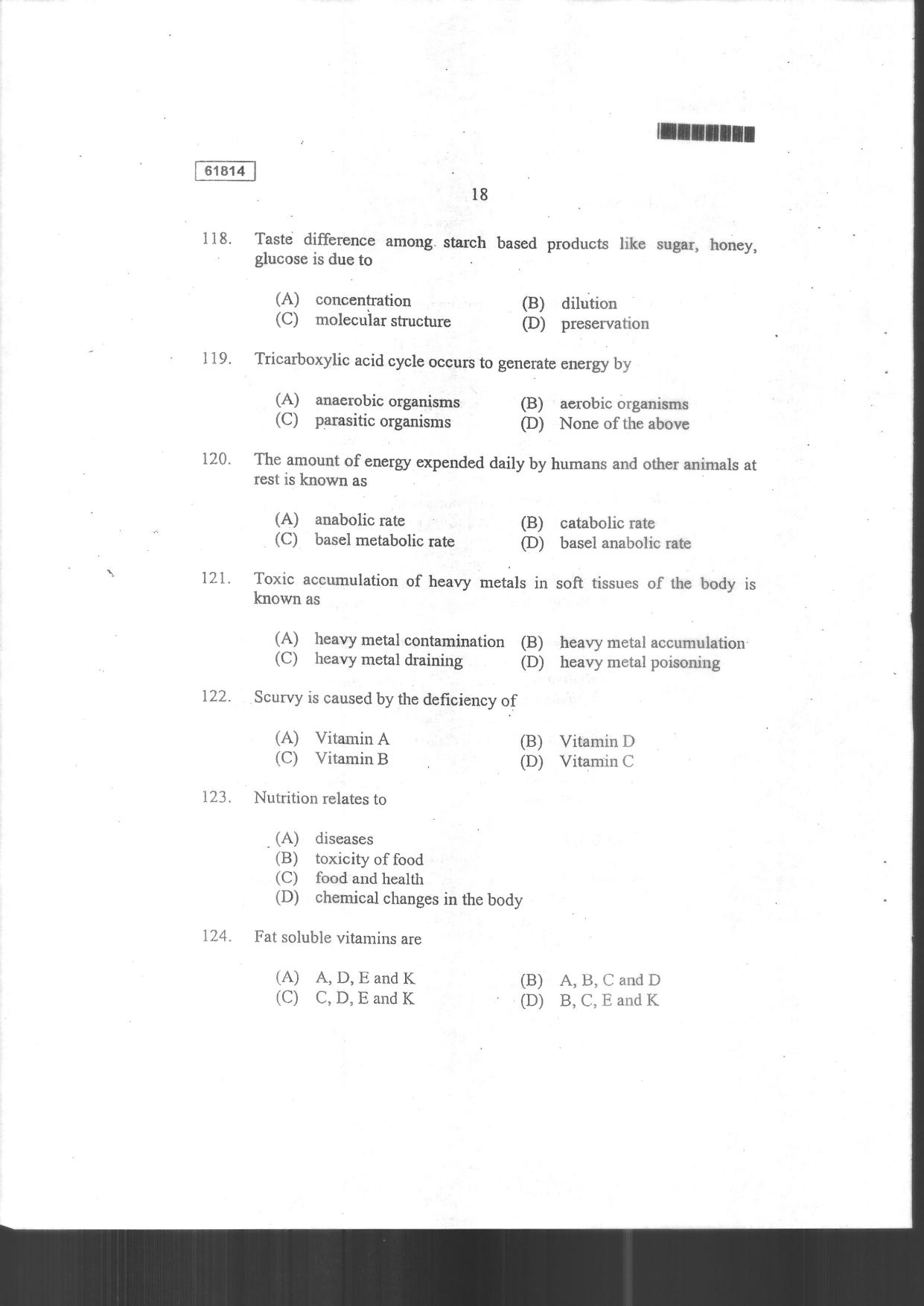 CUSAT CAT 2014 Food Science Question Paper - Page 20