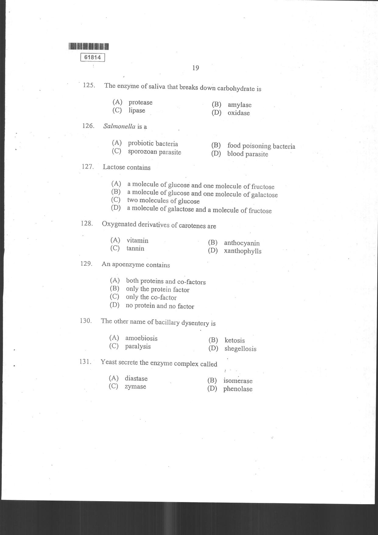 CUSAT CAT 2014 Food Science Question Paper - Page 21