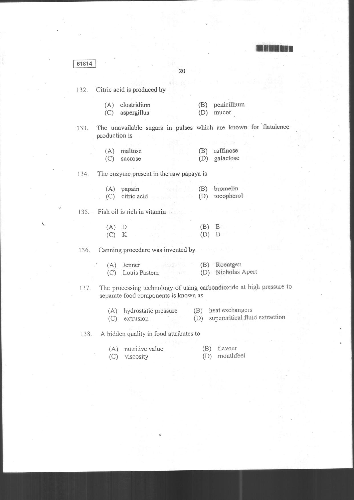 CUSAT CAT 2014 Food Science Question Paper - Page 22