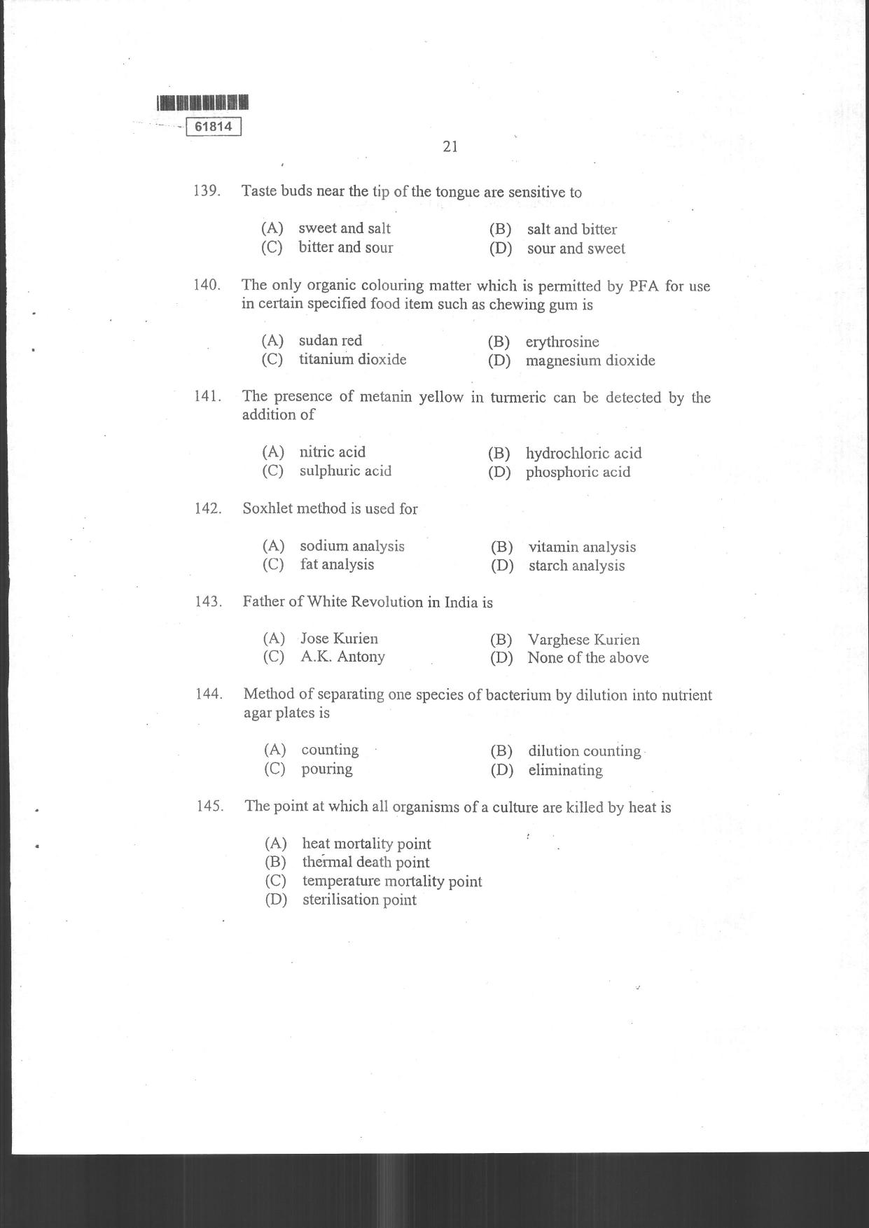 CUSAT CAT 2014 Food Science Question Paper - Page 23