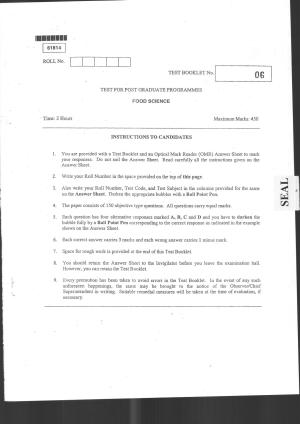 CUSAT CAT 2014 Food Science Question Paper