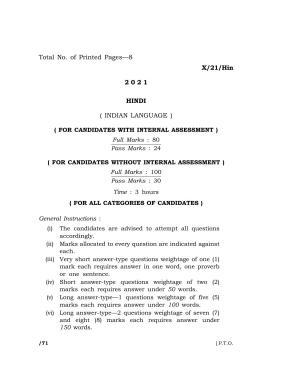 Meghalaya Board (MBOSE) Class 10 HINDI  (X-21-Hin) 2021 Question Paper