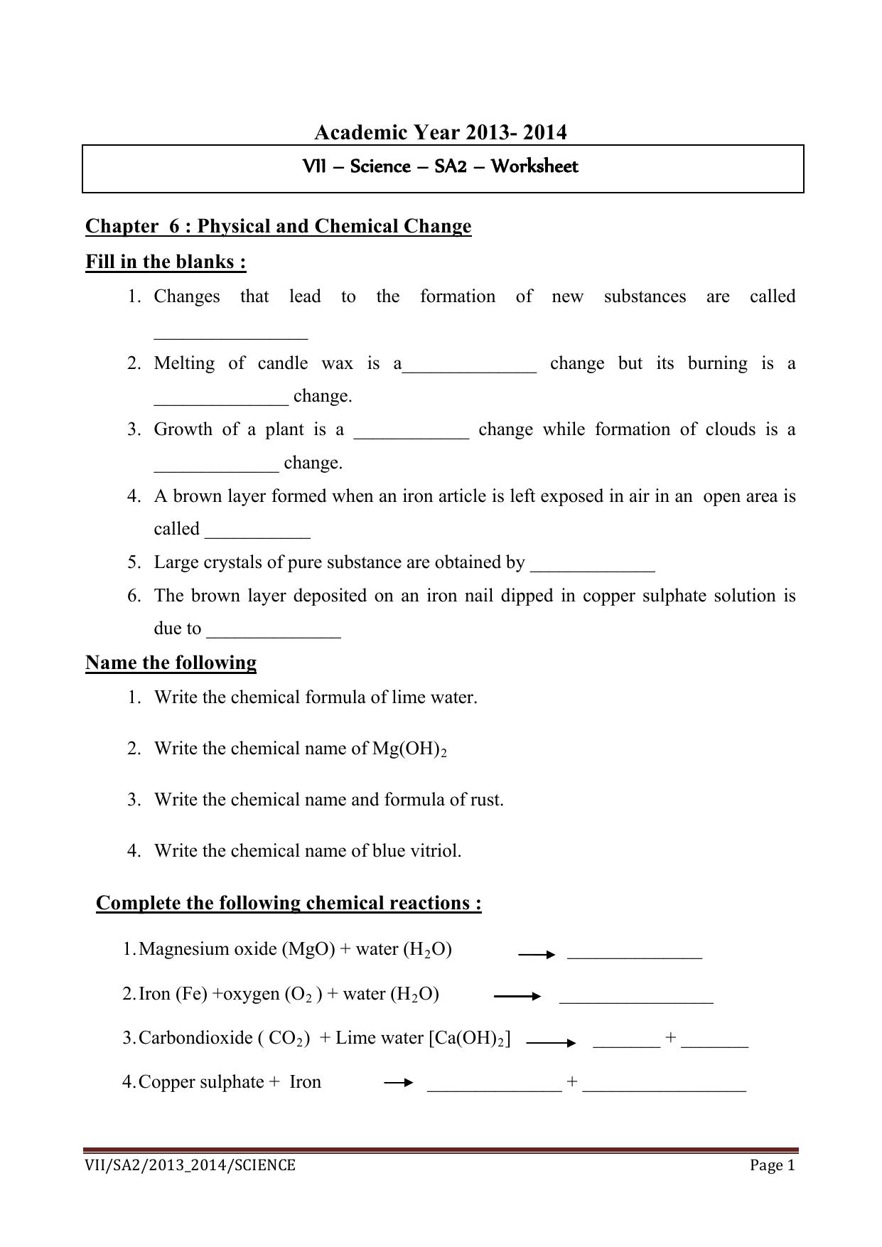 CBSE Worksheets for Class 7 Science Physical and Chemical Change Assignment 1 - Page 1
