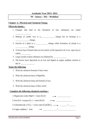 CBSE Worksheets for Class 7 Science Physical and Chemical Change Assignment 1