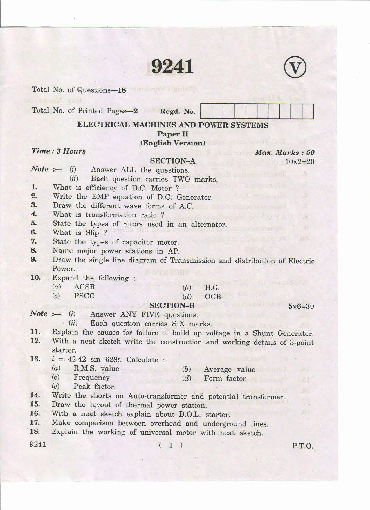AP Inter 2nd Year Electrical Machines and Power Systems-II May-2019-Vocational Question Paper - Page 1