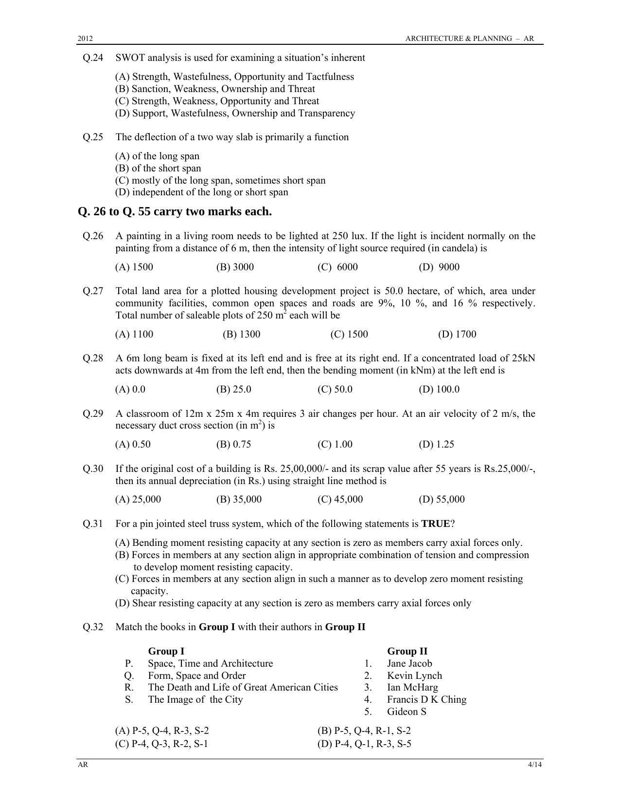 GATE 2012 Architecture and Planning (AR) Question Paper with Answer Key - Page 4