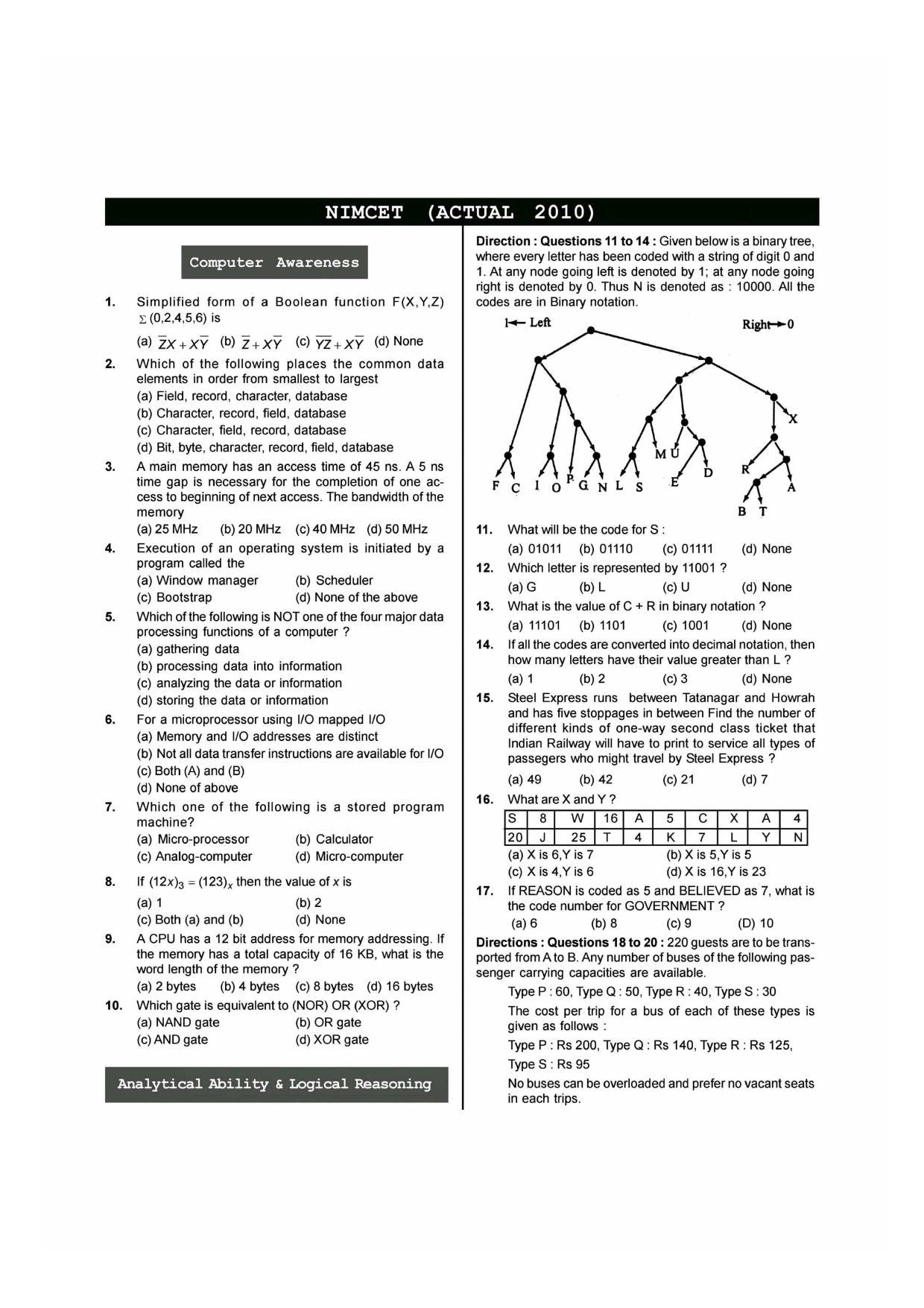 NIMCET 2010 Question Paper - Page 1