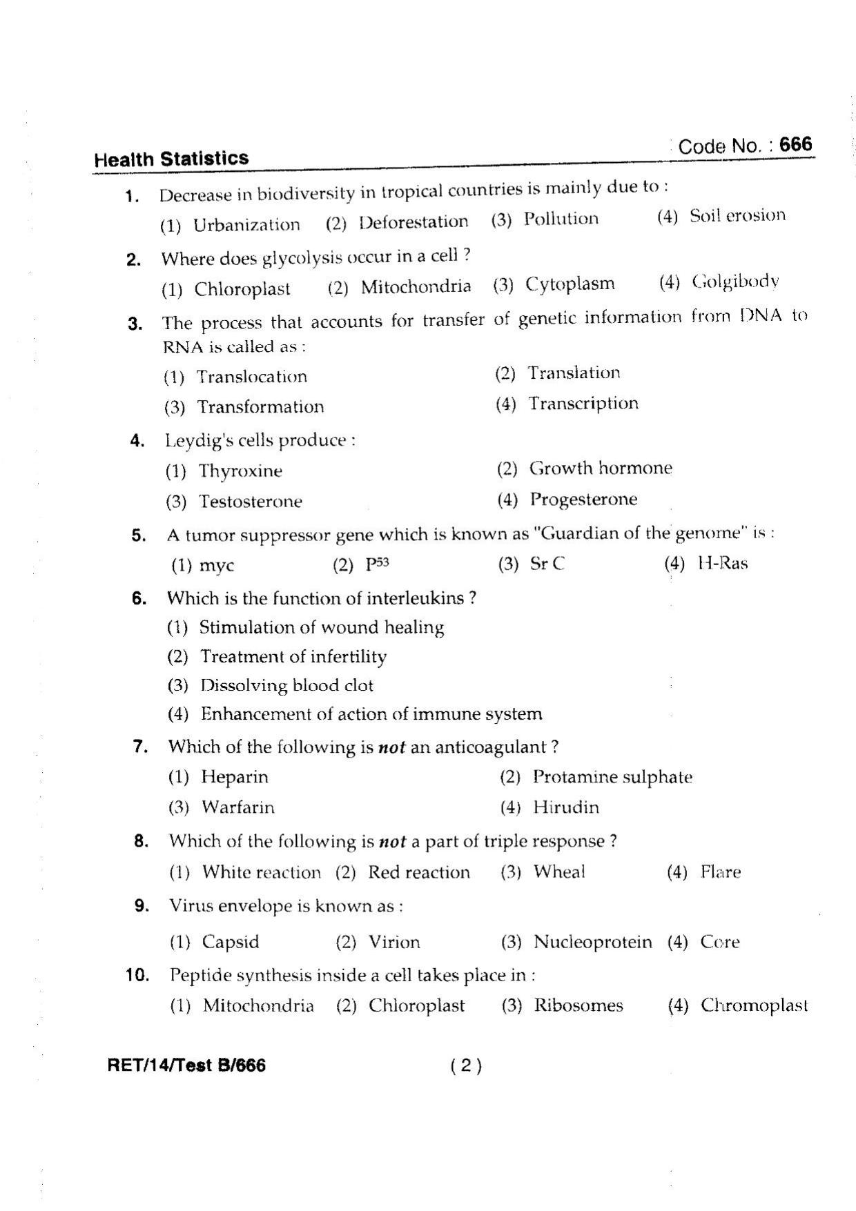 BHU RET HEALTH STATISTICS 2014 Question Paper - Page 4