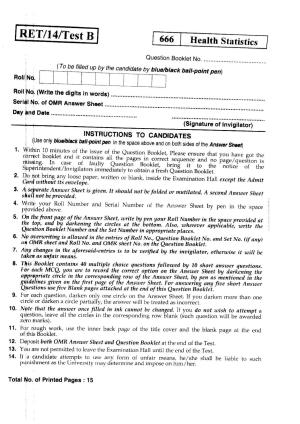 BHU RET HEALTH STATISTICS 2014 Question Paper