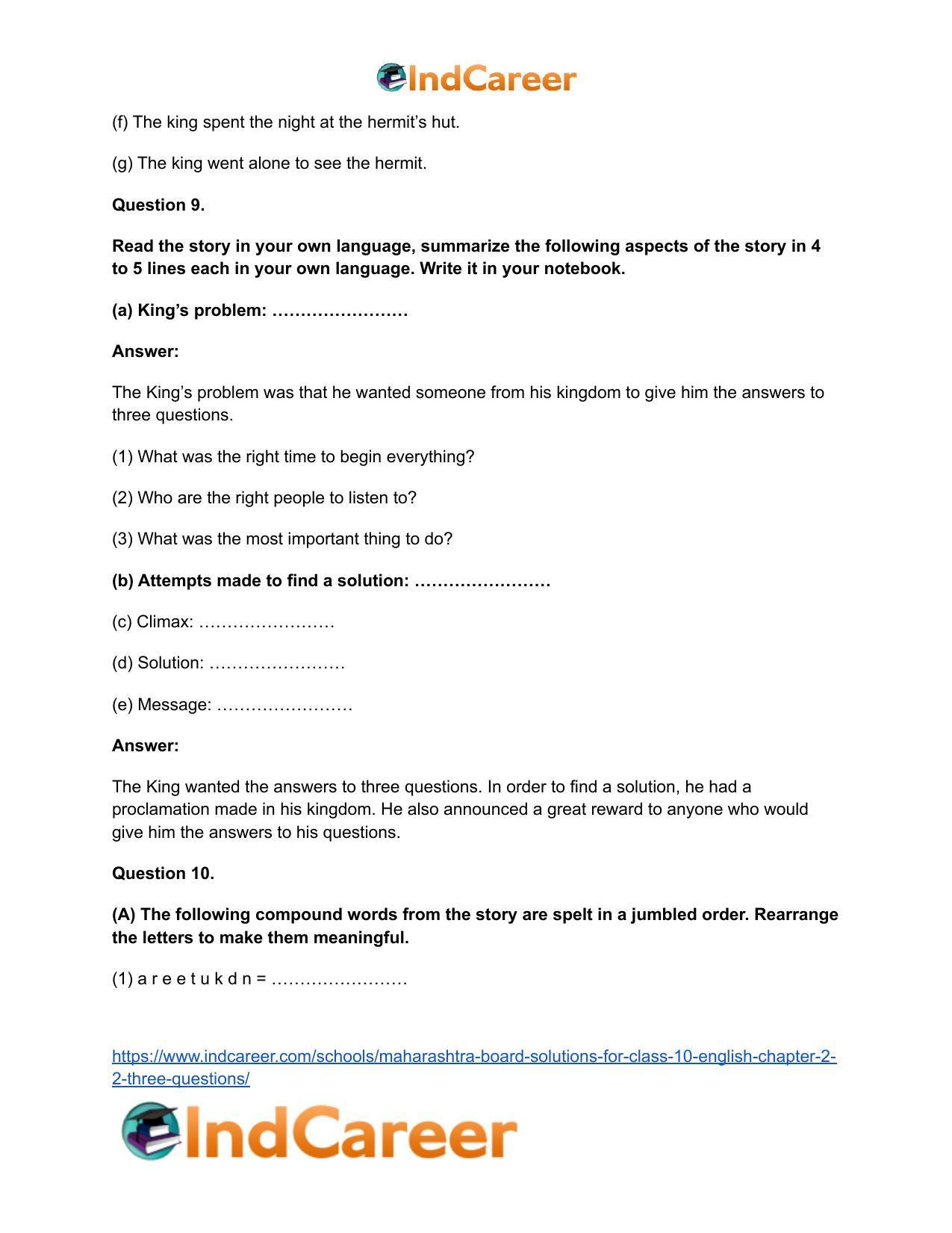 Maharashtra Board Solutions for Class 10- English: Chapter 2.2- Three Questions - Page 17