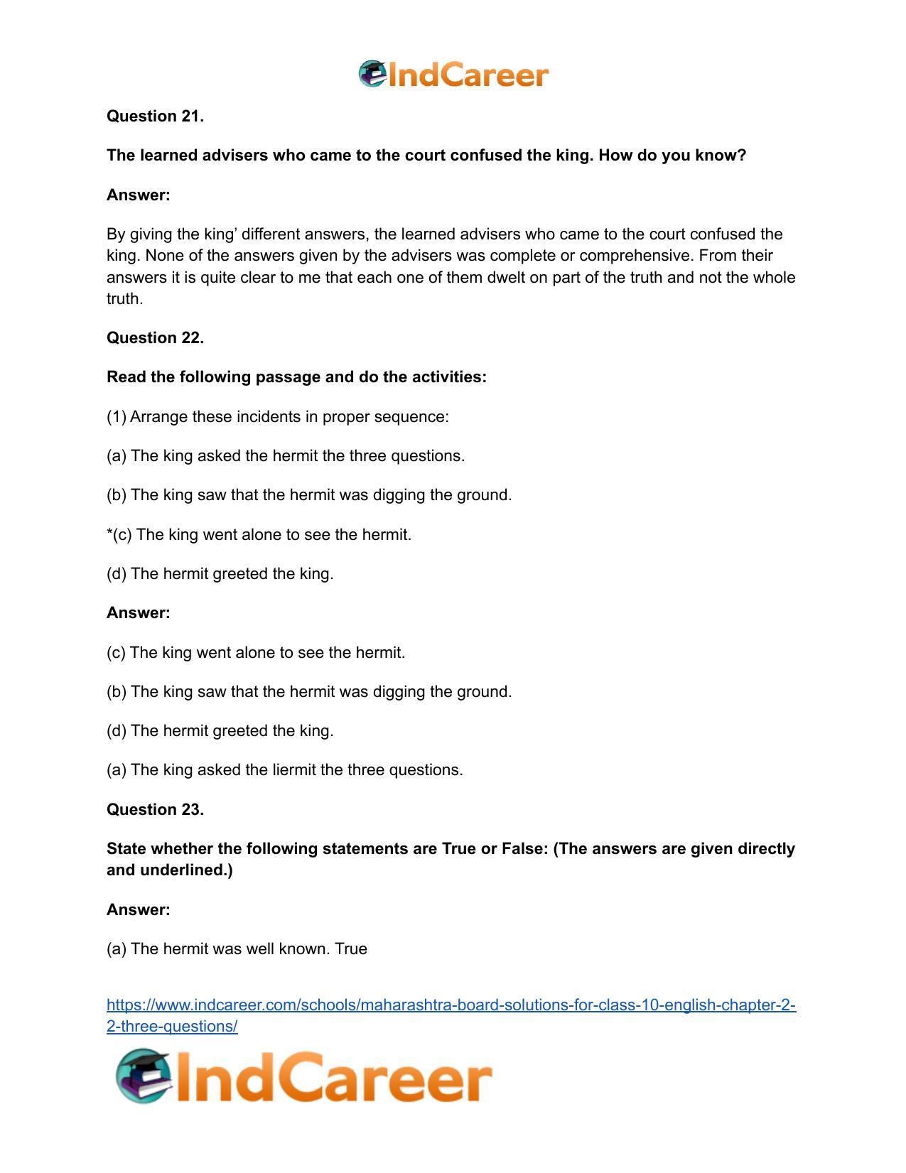 Maharashtra Board Solutions for Class 10- English: Chapter 2.2- Three Questions - Page 25
