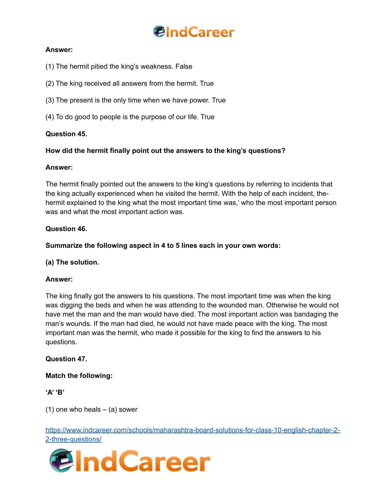 Maharashtra Board Solutions for Class 10- English: Chapter 2.2- Three Questions - Page 32