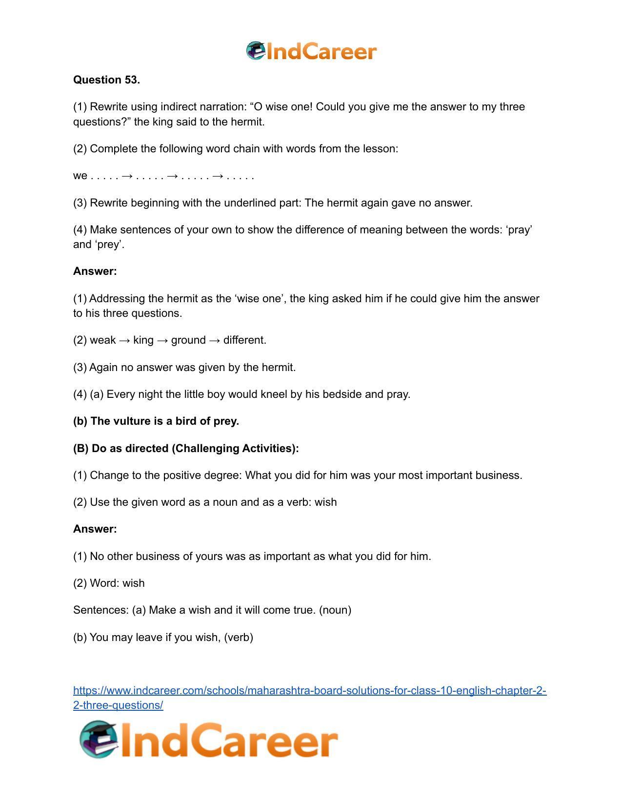 Maharashtra Board Solutions for Class 10- English: Chapter 2.2- Three Questions - Page 35