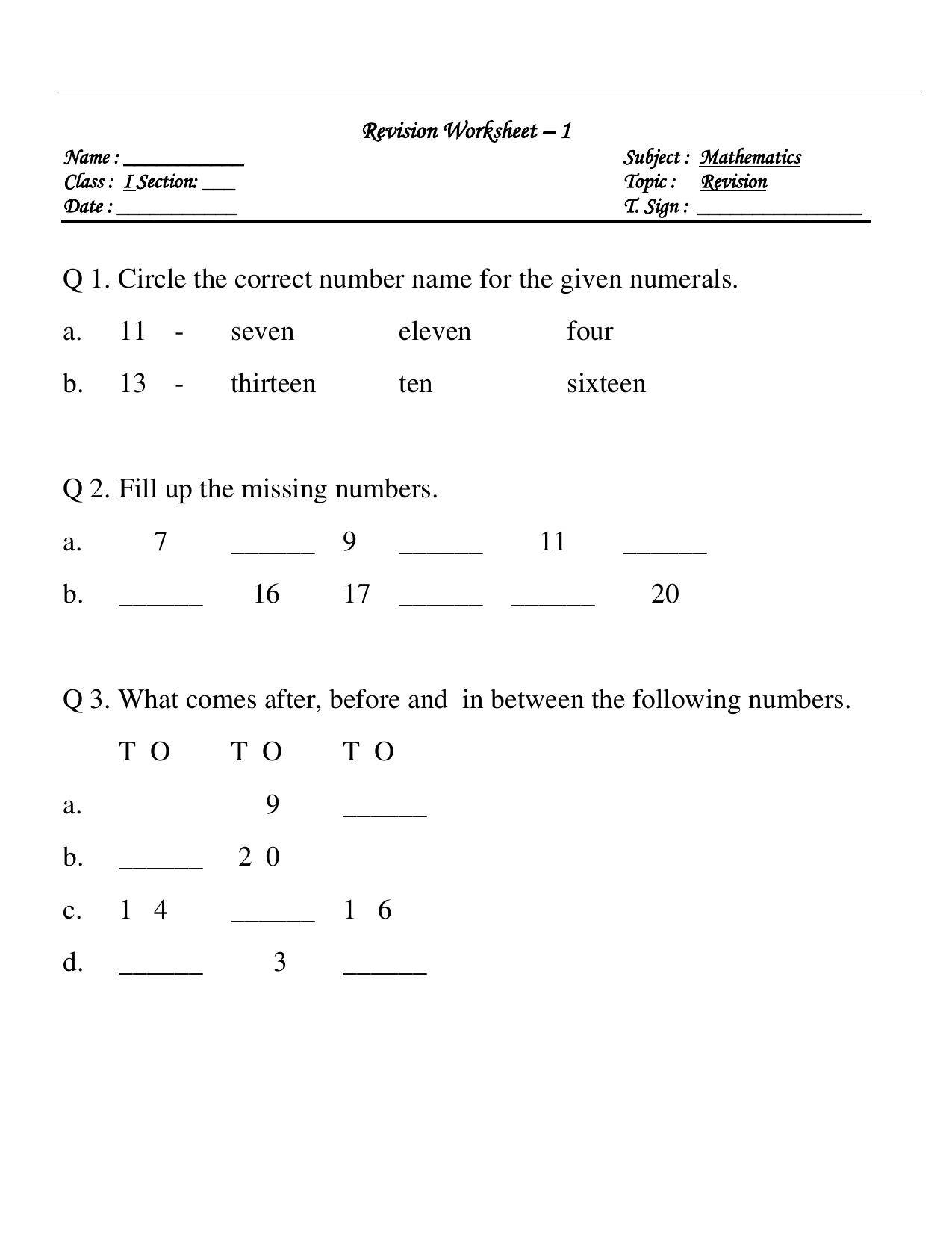 Class 1 Worksheet for Maths Assignment 1 - Page 1
