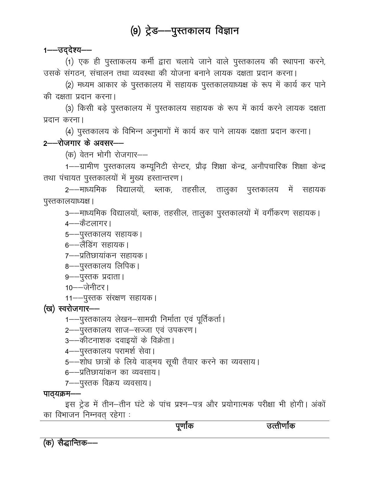 UP Board Class 12- Trade Subjects Syllabus Trade – 9 Library Science - Page 1