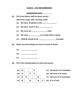 Worksheets for Class 2 EVS Assignment 25 Lunch Dinner