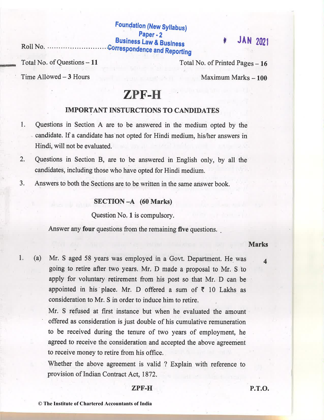 CA Foundation December 2020 Question Paper - Paper 2 (Business Laws and Business Correspondence and Reporting) - Page 1
